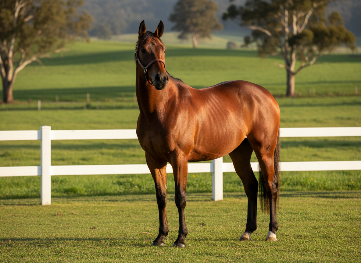 A sleek bay Australian stock horse standing in a lush green paddock, its coat glossy and well-groomed, head turned slightly toward the camera with attentive ears and a clean leather halter. The horse is positioned near a simple white post-and-rail fence, with rolling pasture and scattered gum trees stretching into the distance. Late afternoon golden hour sunlight washes the scene, creating warm highlights on the horse’s muscles and soft, elongated shadows across the grass. Captured at eye level with photographic realism and a moderate depth of field, the background gently blurred, the mood is calm, confident, and sophisticated, ideal for a premium livestock marketplace homepage hero image.