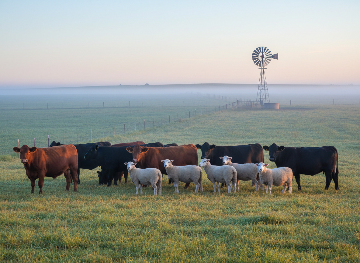A mixed group of healthy Australian cattle and sheep grazing together in a broad, open paddock, featuring red and black Angus cattle alongside clean, white Merino sheep with dense wool. They are spaced naturally across gently undulating pasture, with a wire fence line and a distant windmill and water trough indicating a well-managed farm. Soft early morning light filters through a light mist, casting a cool, diffused glow and subtle highlights on hides and fleece. Shot from a slightly elevated angle with sharp focus throughout, the composition uses the rule of thirds to balance animals, land, and sky. The atmosphere is orderly, professional, and trustworthy, conveying a sophisticated, real-world trading environment.