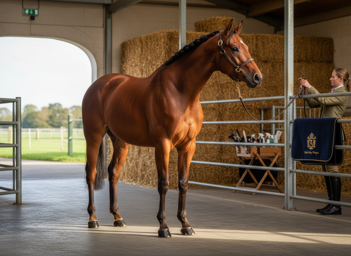 A refined, indoor sale preparation scene with a single, impeccably groomed show horse standing in a clean, open-sided stable bay. The bay features smooth concrete flooring, neatly stacked straw bales, and brushed metal rails, with the horse’s brushed chestnut coat gleaming under diffused natural light entering from a large side opening. Soft afternoon light creates gentle highlights on the horse’s neck and shoulders, with subtle shadows falling toward the back of the stable. Photographed at a three-quarter angle in realistic detail, the background slightly softened to keep focus on the animal. The atmosphere is meticulous and composed, conveying care, quality assurance, and the sophisticated standards behind premium livestock listings.
