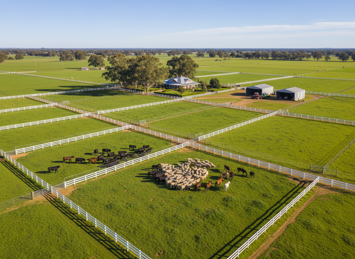 A panoramic view of a classic Australian stud farm, with neatly divided paddocks holding separate groups of cattle, sheep, and horses, all in excellent health and clearly visible. White and steel fencing traces clean lines across emerald pasture, leading to a distant, well-kept homestead and machinery sheds nestled among mature gum trees. Warm, clear midday sunlight enhances the vibrant greens and earthy browns, with crisp shadows adding depth. Captured from a high, almost drone-like perspective in photographic realism, the image has sharp focus across the entire frame, emphasising order, scale, and professionalism. The atmosphere is prosperous and refined, perfectly reflecting a sophisticated, nationwide livestock marketplace brand.