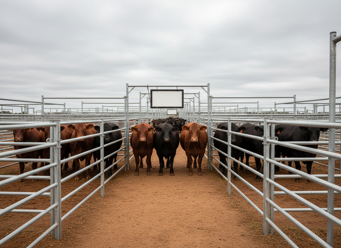 A tidy set of steel livestock yards on an Australian property, filled with a small, well-spaced line of muscular beef cattle, each animal clean, alert, and in prime condition. The galvanized steel rails form clean geometric lines leading the eye toward the center of the frame, where a branded sale tag board hangs blank, suggesting an organised marketplace without visible text. Bright but soft overcast daylight provides even, shadow-free illumination, revealing textures in hides, metal, and compacted red earth. Photographed at a slightly low angle for a sense of solidity and structure, with photographic realism and crisp detail. The scene feels efficient, controlled, and sophisticated, suitable for illustrating structured buying and selling processes.
