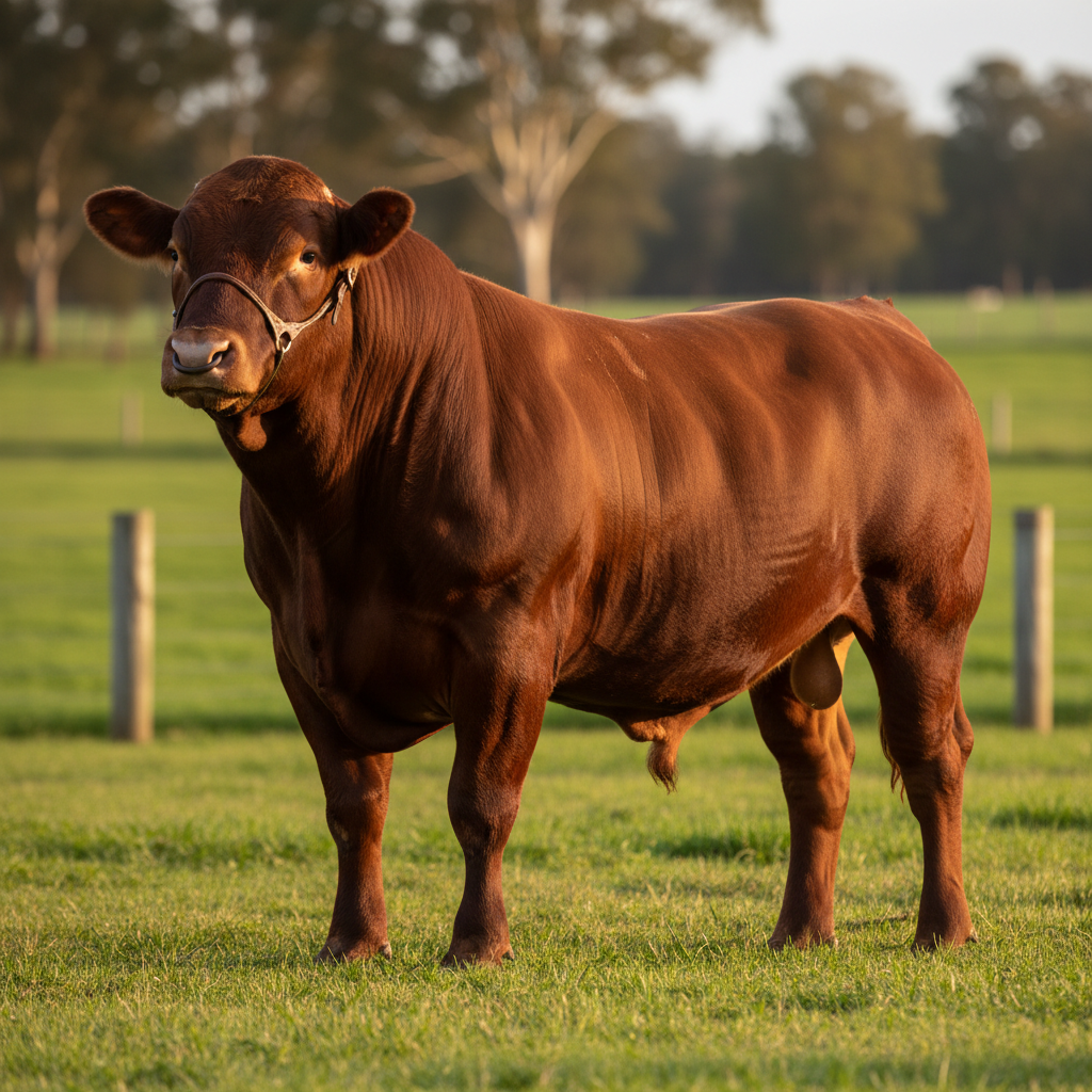 A close-up, photographic view of a single prize Australian bull standing side-on in a short, even pasture, its coat smooth and glossy, muscles clearly defined, and eyes bright and alert. A subtle, well-fitted leather nose ring and halter suggest stud quality without distraction. Behind the bull, a blurred backdrop of green paddock, timber fence posts, and distant treeline gently fades into soft bokeh. Warm, low-angle evening light creates a golden rim along the bull’s back and shoulders, with rich contrast and fine detail in the hide’s texture. Framed in a centered composition with shallow depth of field, the mood is premium, serious, and authoritative, ideal for showcasing high-value livestock listings on a sophisticated marketplace site.