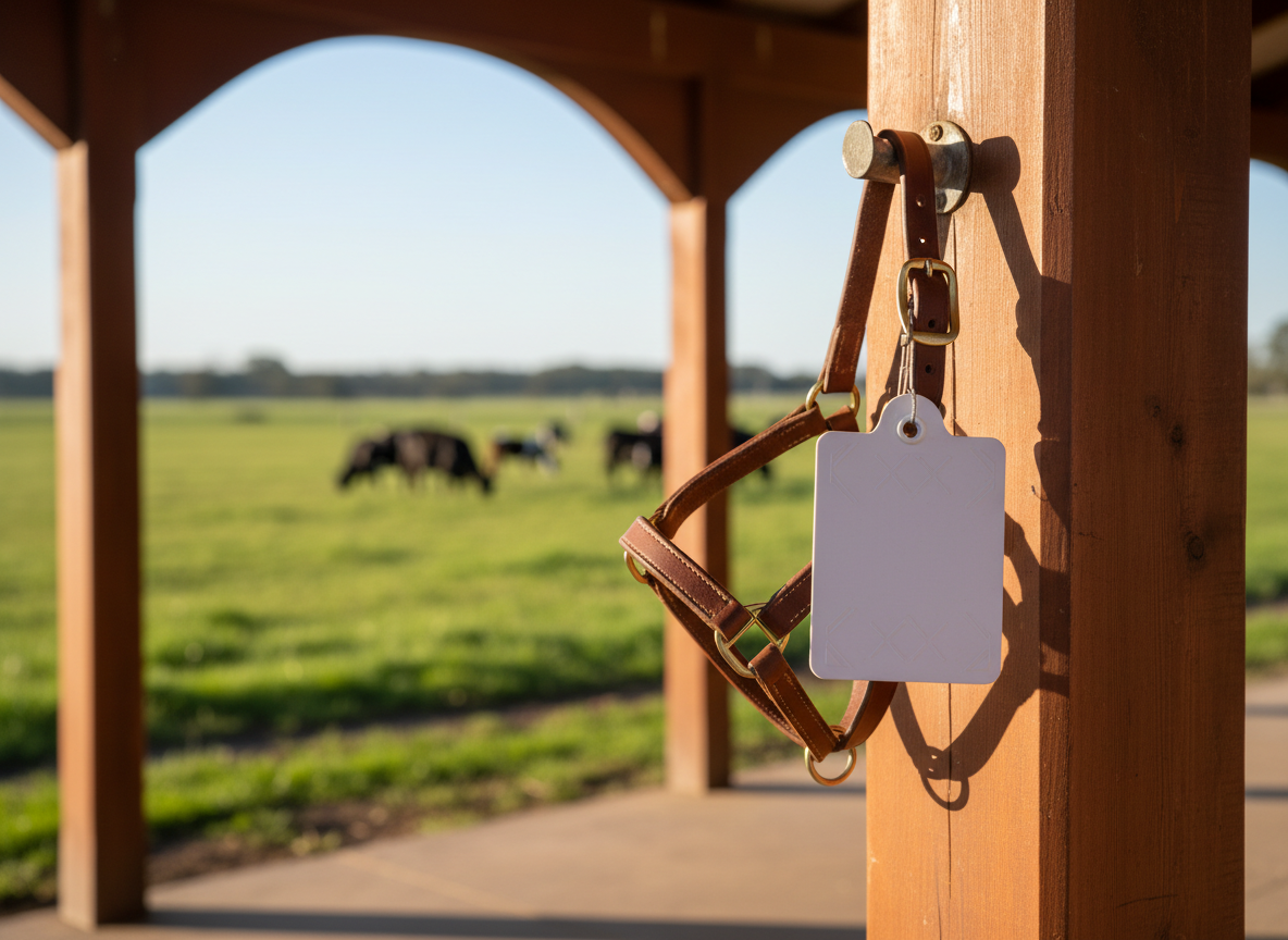 A detailed close-up of a clean livestock sale tag clipped to a pristine leather halter hanging on a polished timber post in a breezeway between paddocks. The tag is intentionally left without readable text, focusing on its crisp white surface, subtle emboss, and sturdy clip, while beyond it, out of focus, a group of cattle graze in a sunlit field. Late morning Australian sunlight streams in from the side, catching the edge of the tag and strap, casting a precise shadow on the timber grain. Captured with a shallow depth of field and photographic realism, the composition uses the rule of thirds, creating a sophisticated, symbolic representation of organised listings and transactions in a modern livestock marketplace.